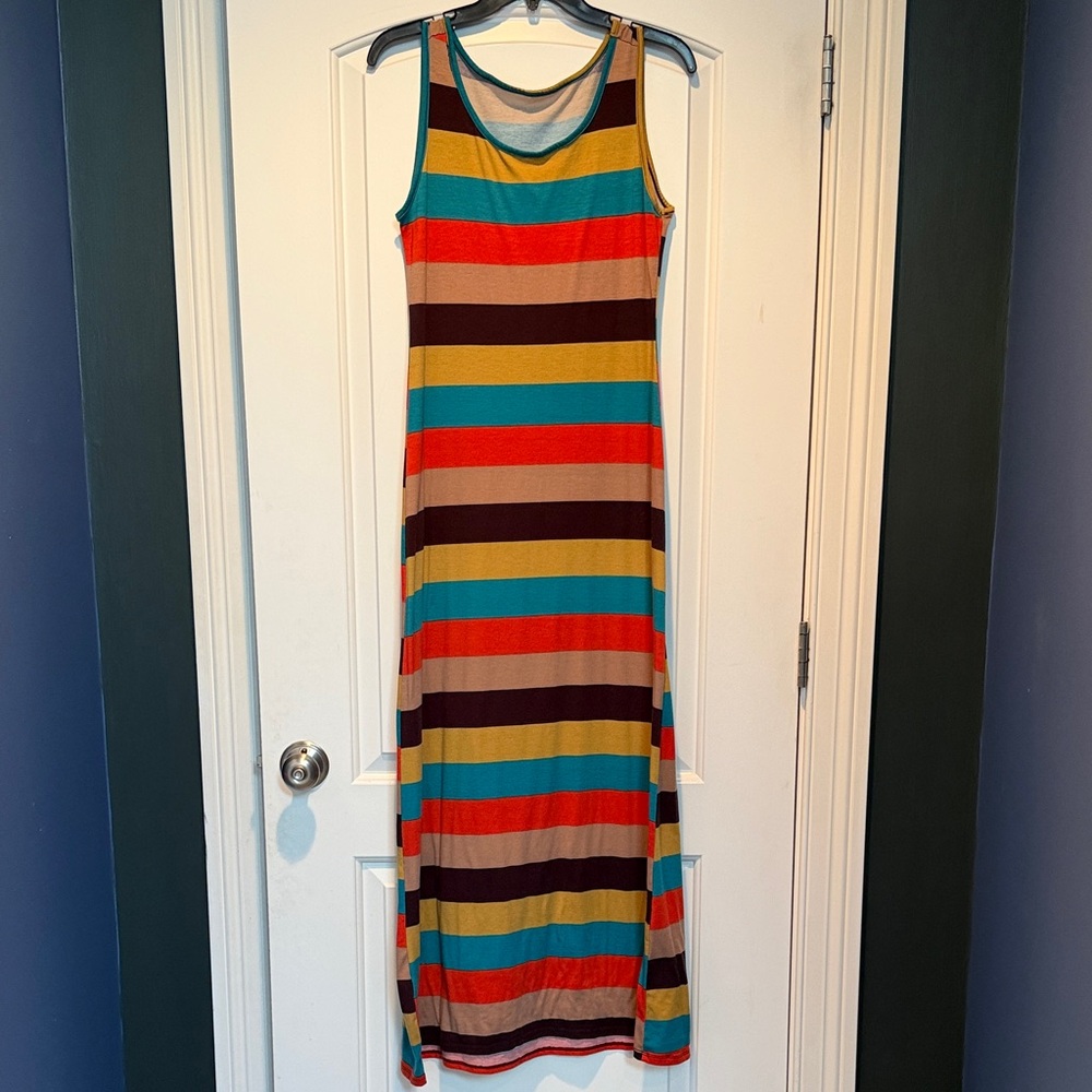 Sleeveless Striped Maxi Dress in Teal, Mustard & Orange